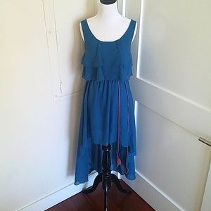 Windsor Teal blue flowy sheer high-low belted ruffled top dress. Size S.